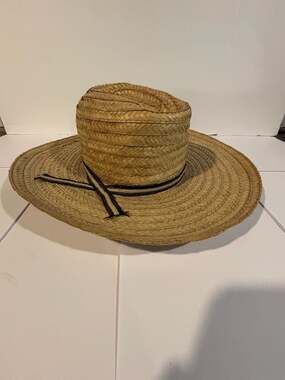 Vento Brand Vintage Woven Straw Sun Hat with Striped Ribbon Band